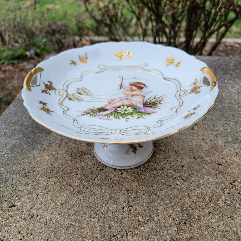 Hand painted Porcelain Footed Candy Dish With Butterfly Chariot & Winged Cherub
